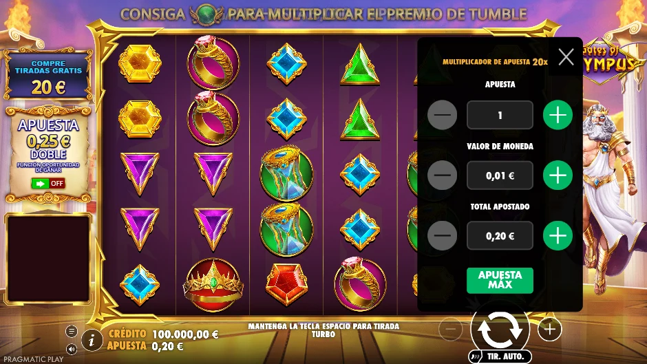 Menú de apuesta de Gates of Olympus