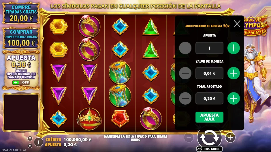 Menú de apuesta de Gates of Olympus Super Scatter